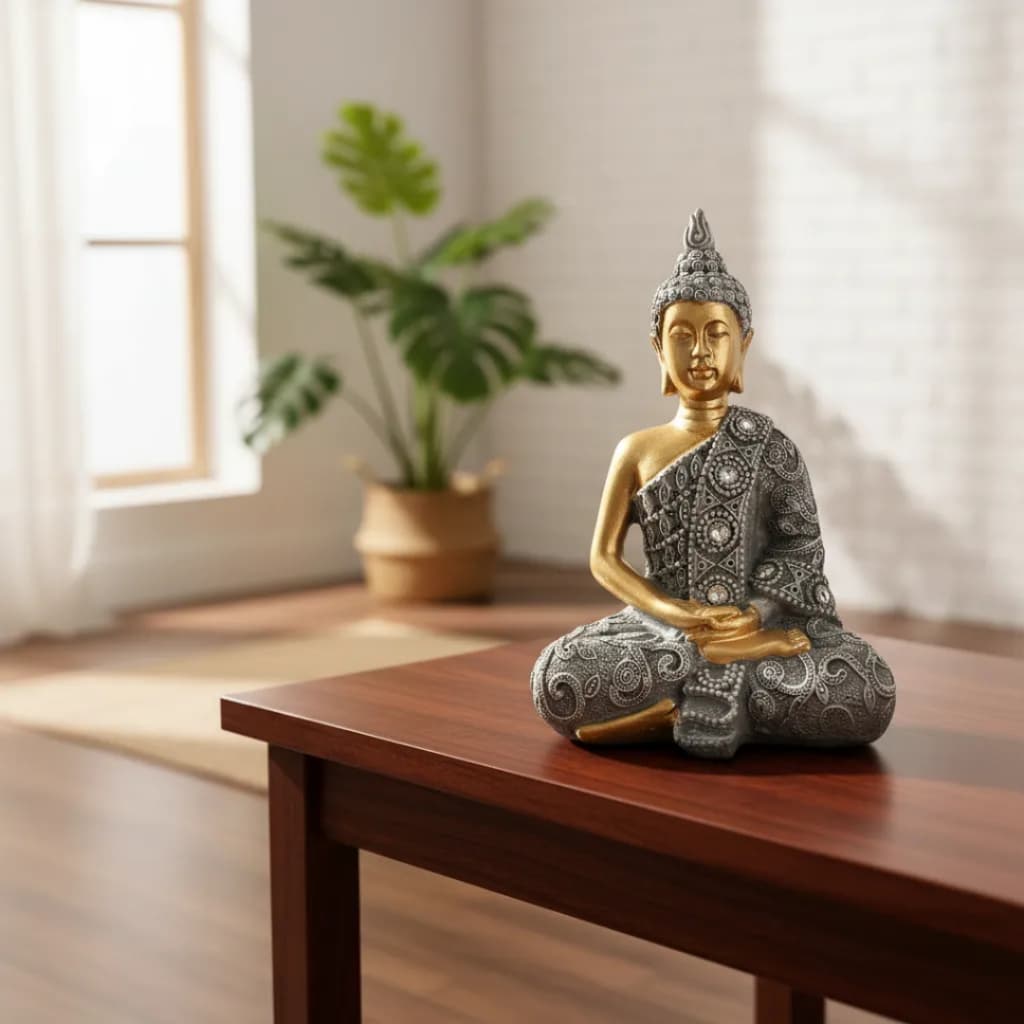Estátua De Resina Buda Sentado Cinza Com Dourado Original