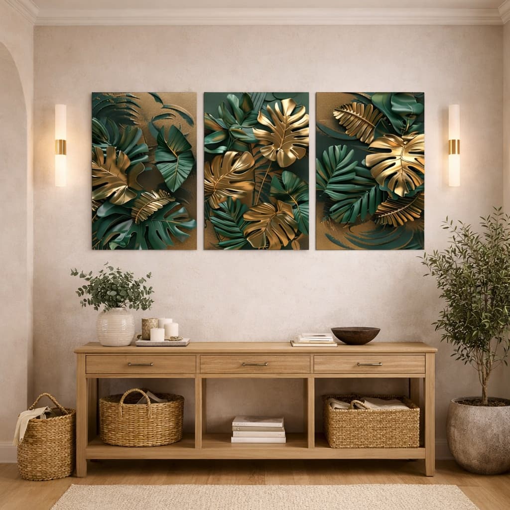 Quadro Decorativo 122x60 Folhagem Tropical Verde e Dourado Escandinavo Moderno Decoração Sala Quarto