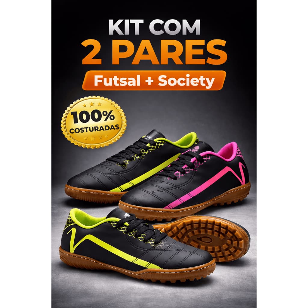 Kit 2 Pares Chuteira Futsal+Society  Pro Velocity – Sola Costurada Antiderrapante e Alta Performance