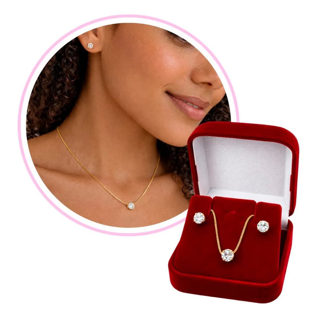 Conjunto Semijoia Colar e Brincos Banhado a Ouro com Zirconia Feminino Elegante