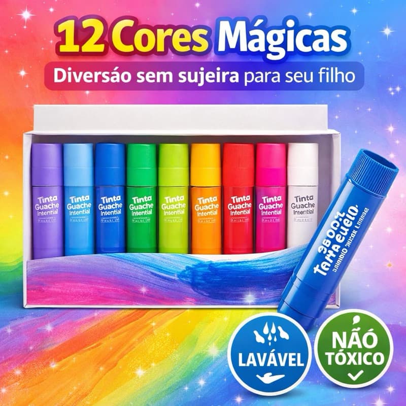 Tinta Guache Bastão Infantil 12 Cores Lavável Não Tóxico Sem Sujeira Criança Pintura Educativa