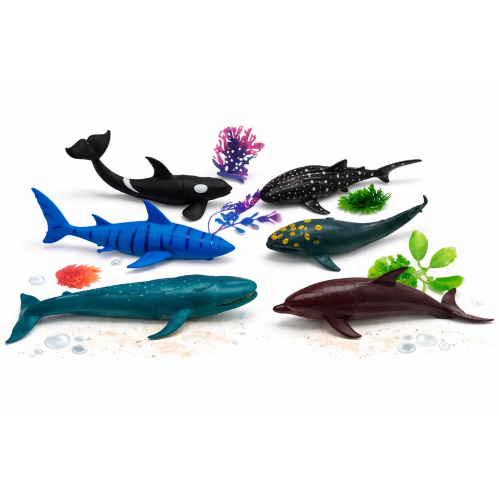 Kit Animais Marinhos Silicone 6 Peças Realistas Brinquedo Infantil Educativo Baleia Tubarão Peixes