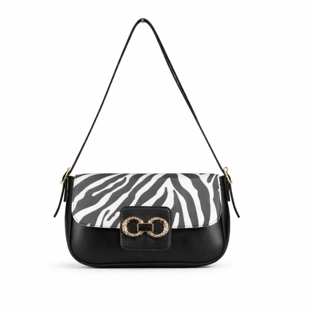 Bolsa Baguete Pequena Estampada Alça Ajustável De Ombro Para Festas Detalhe Dourado Frontal Sintético De Qualidade