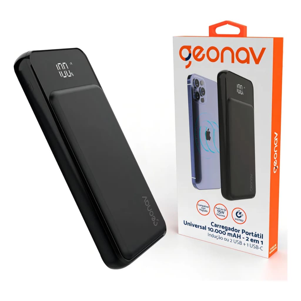 POWERBANK 10.000 MAH CARREGADOR POR INDUÇÃO PORTATIL GEONAV