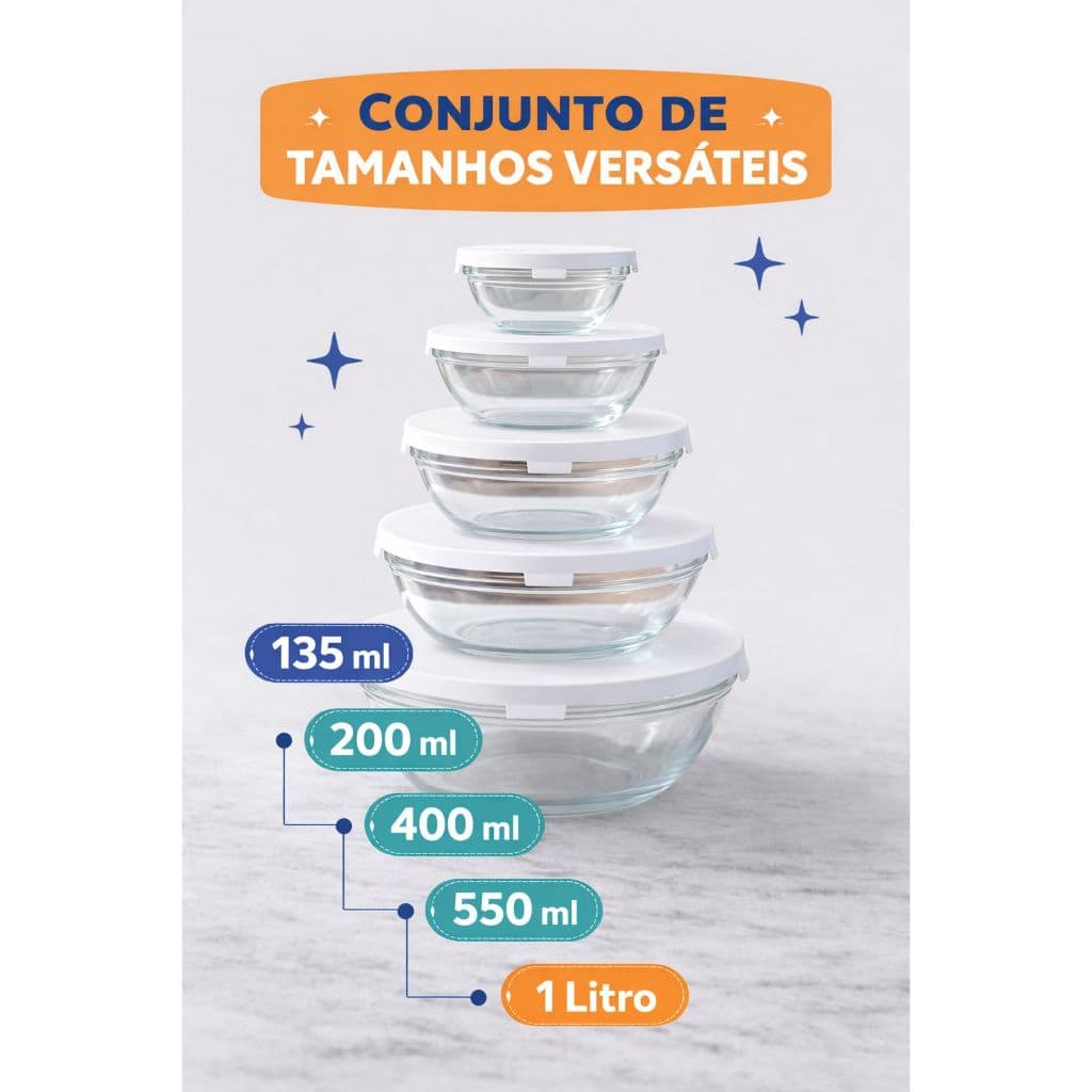 Kit 5 ou 10 Potes de Vidro com Tampa Hermética – Armazenamento de Alimentos, Marmitas e Organização Cozinha Lava Louças