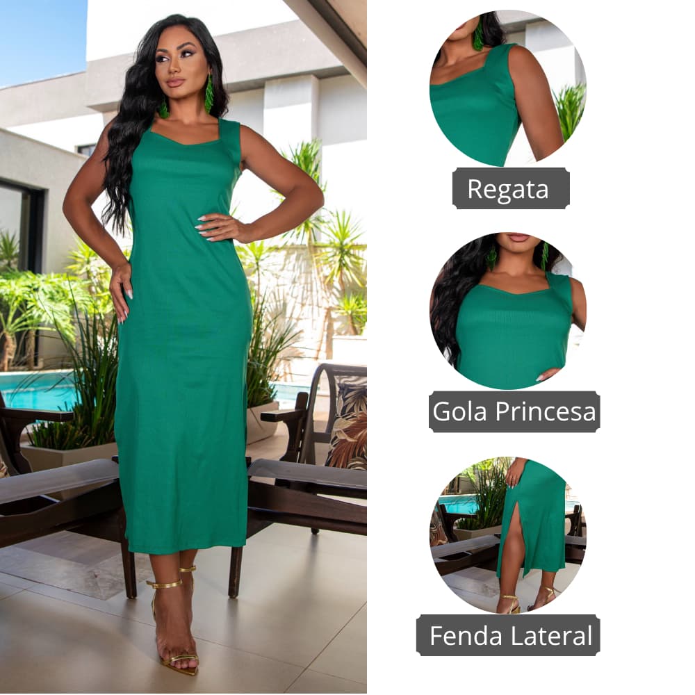 Vestido Casual Regata Tubinho Versátil Midi Dia a Dia Fenda Lateral Ribana Canelada Elegante