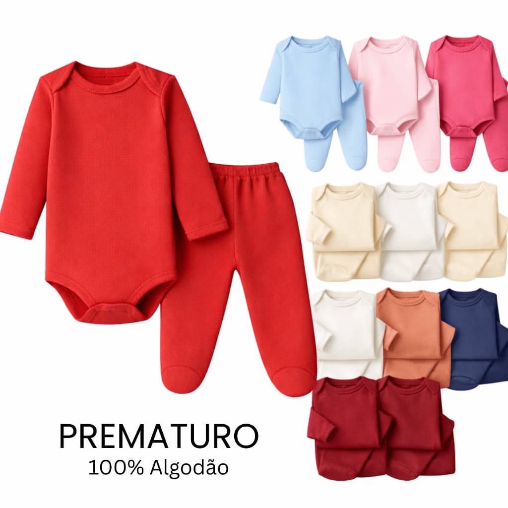 Conjunto Bebê Prematuro Body Manga Longa + Culote com Pé | Algodão | Roupa Bebê Prematuro e Boneca Reborn Menino Menina