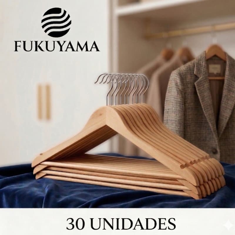 KIT 30 CABIDES DE MADEIRA PREMIUM COM GANCHO GIRATÓRIO 360° FUKUYAMA