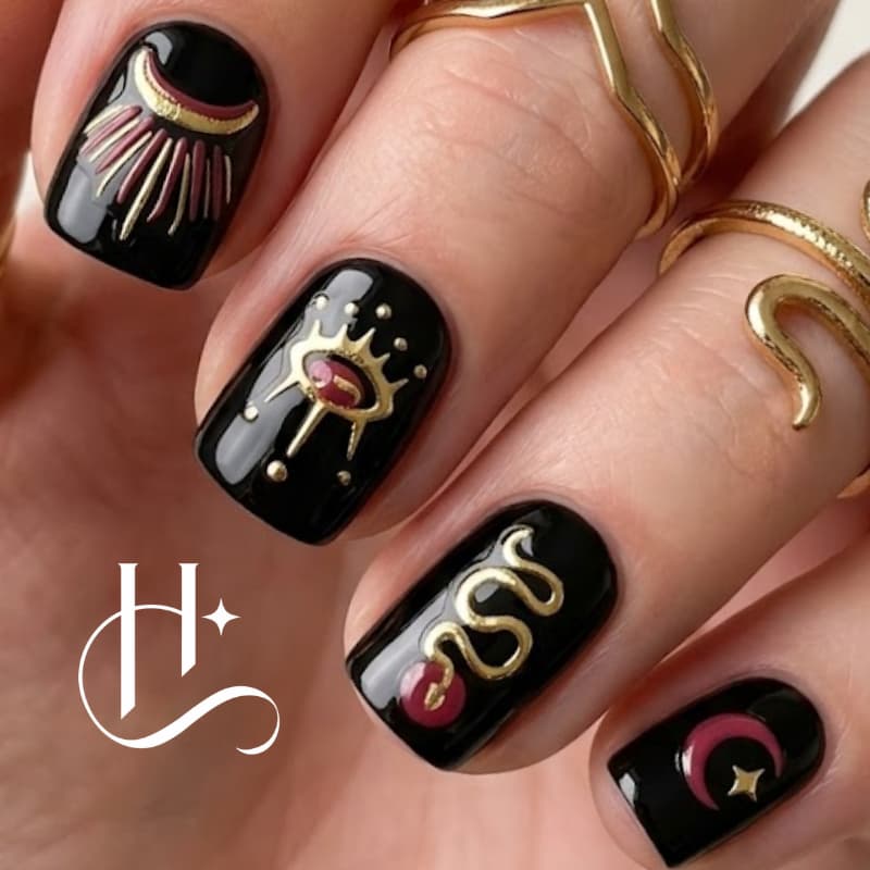 Adesivos de unha dourado e vermelho místico cobra lua e aliens alternativo alt girl Y2K nail art