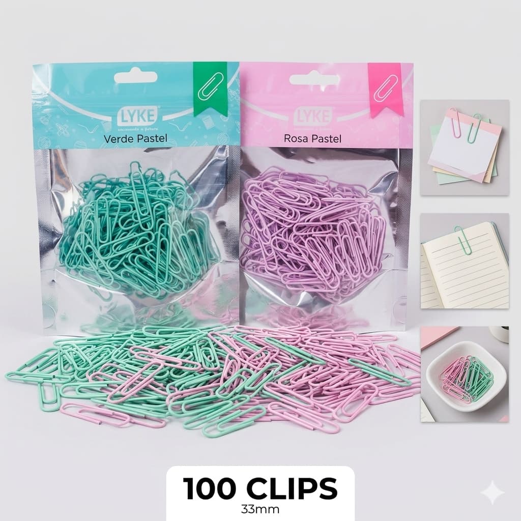 Clips Papel LYKE 33mm Tons Pastel 100 Unidades Rosa e Verde Material Escolar Escritório Organização