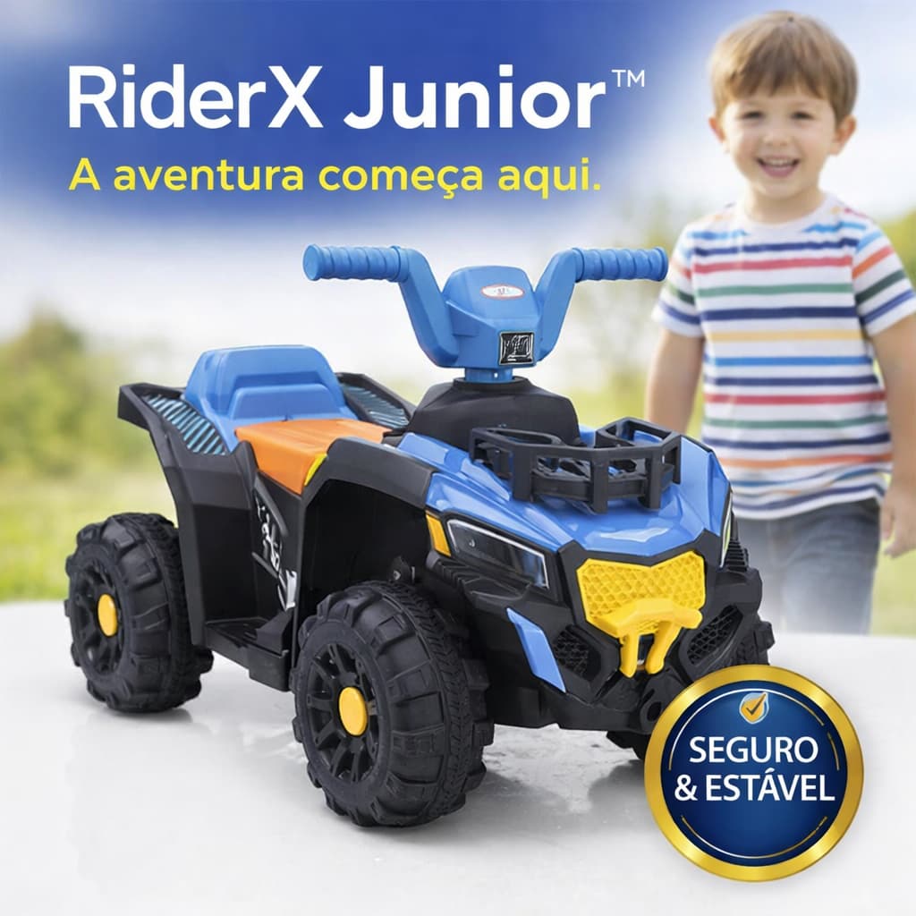 Quadriciclo Elétrico Infantil RiderX Junior 6V Azul com Bateria Recarregável Seguro e Resistente para Crianças