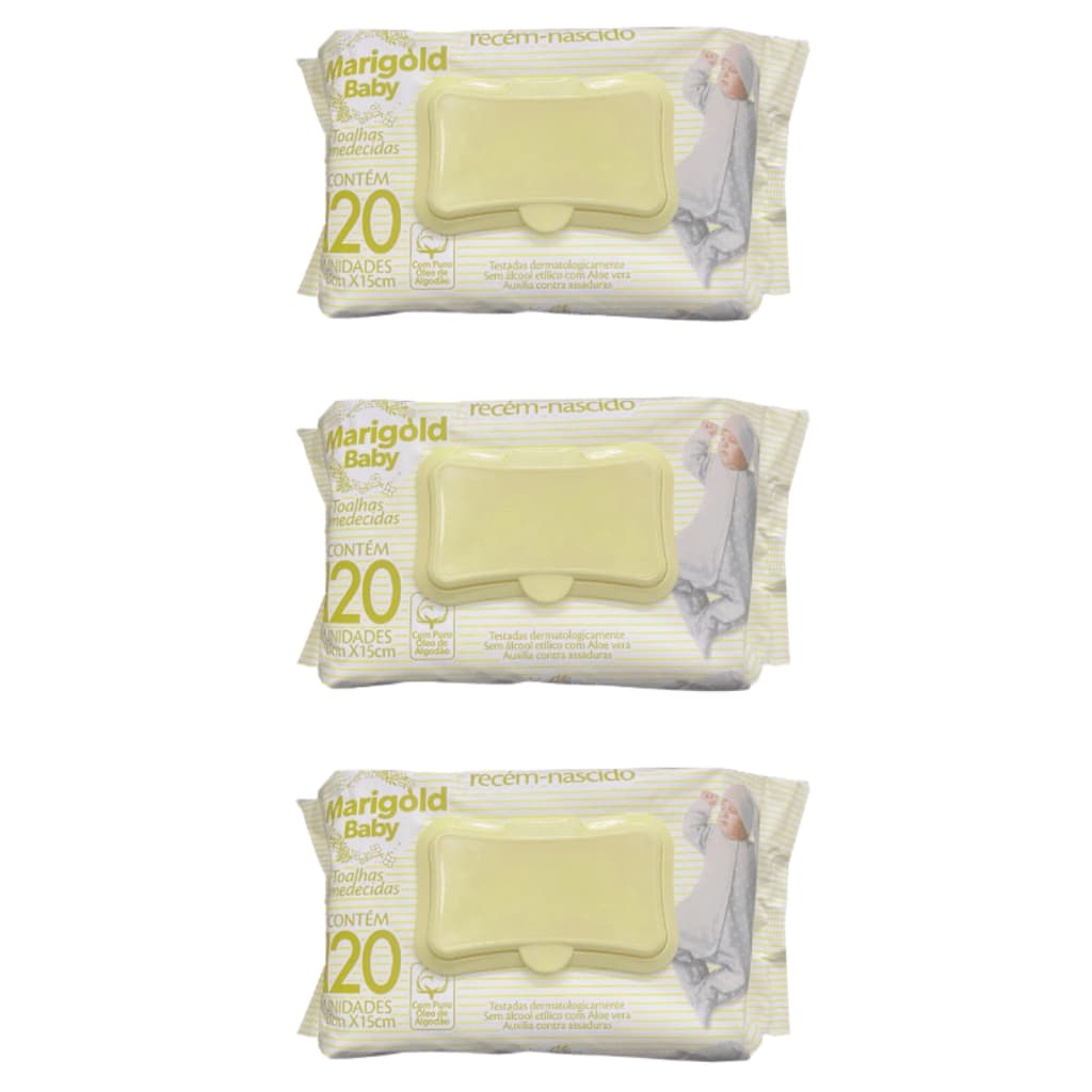 Kit 3 pacotes de Toalhas Umedecidas Marigold Baby Recem-nascido 120 unidades cada - 360 Lenços