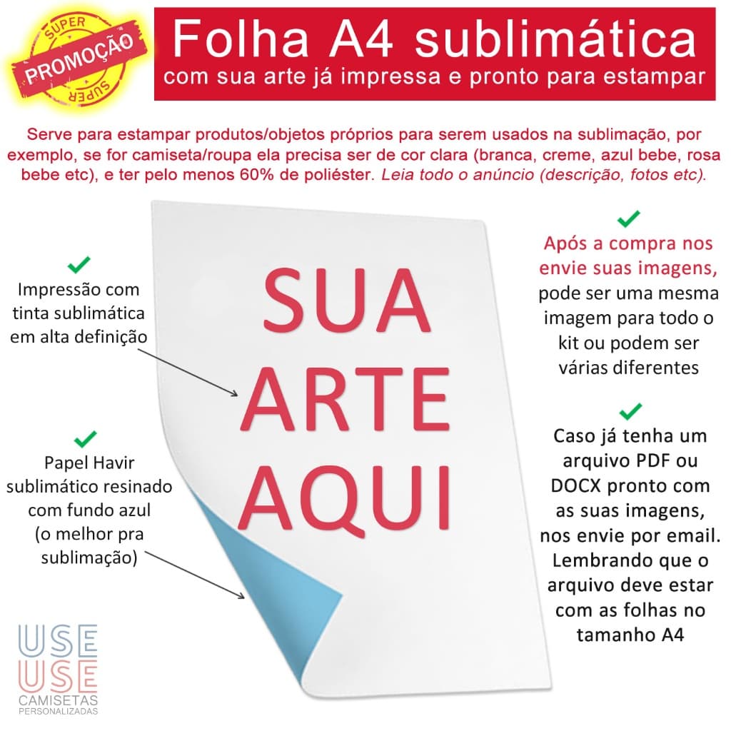Kit 30 Folhas A4 papel sublimático com sua arte impressa pronta para estampar camiseta azulejo copo squeeze sublimação