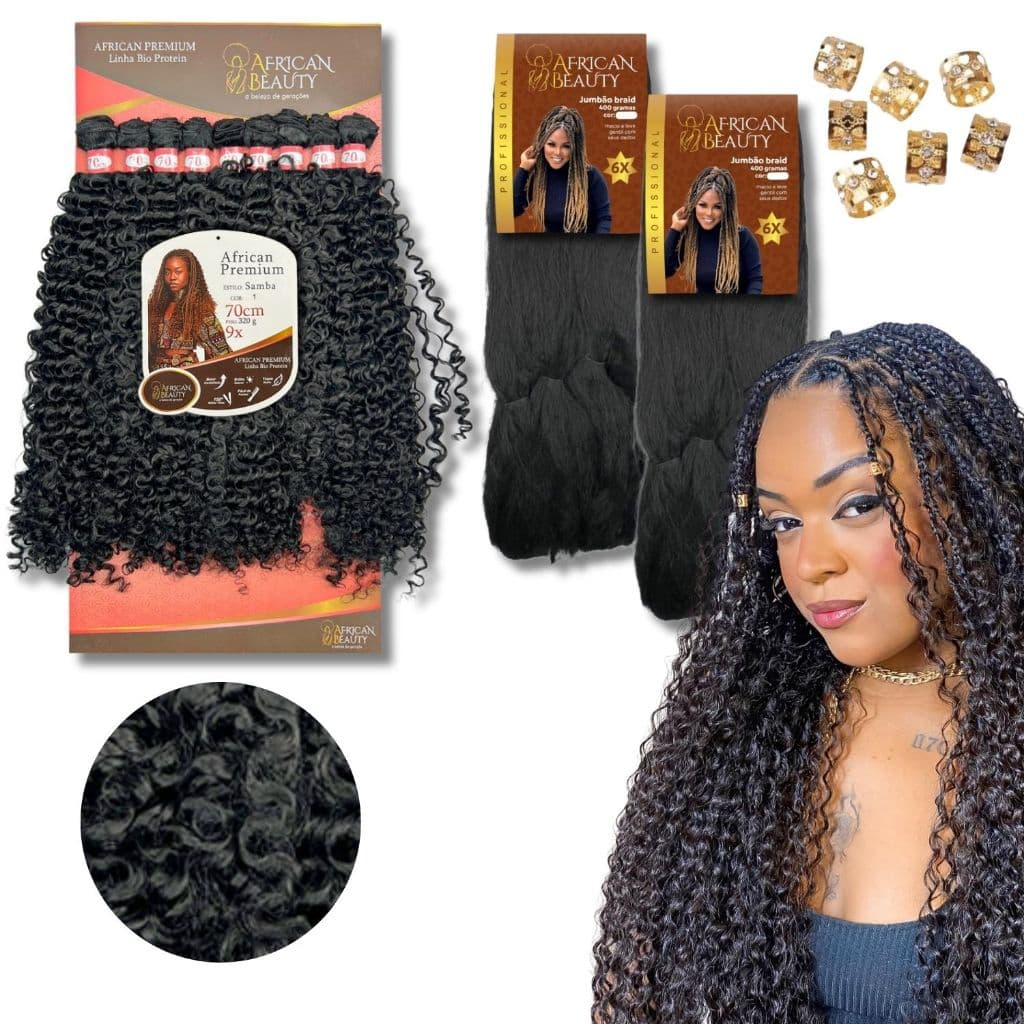 Kit Gypsy Braid Cabelo Cacheado Bio Fibra Afro Tela Entrelace e Jumbo Tranças com cachos crochet
