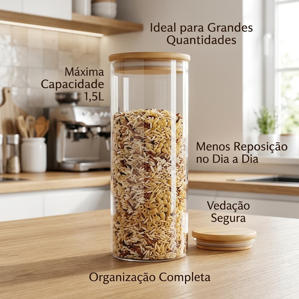Pote de vidro com tampa de bambu hermética  1,5L conservação de alimentos organizador de cozinha