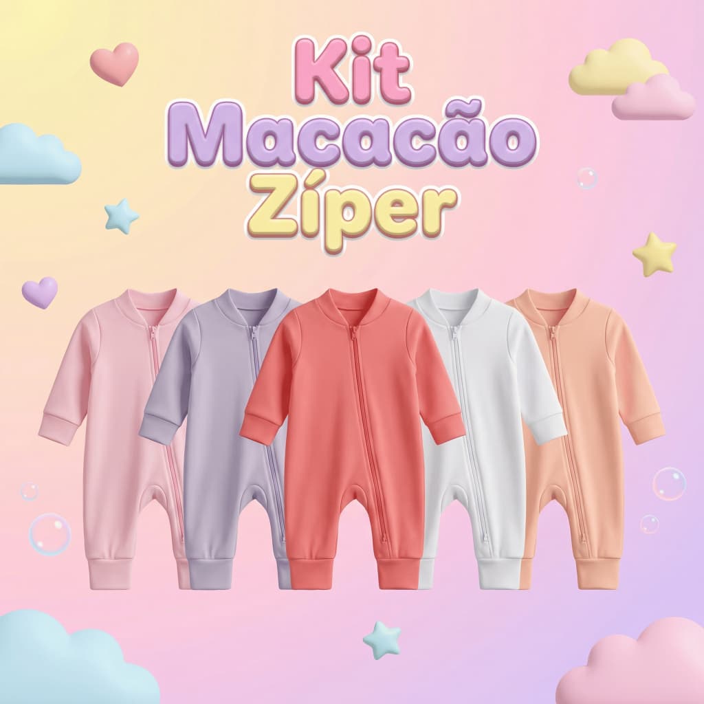 Kit 5 Macacões Menina Liso Bebê Algodão Zíper Vira Pé Inverno Infantil Macio Macacão