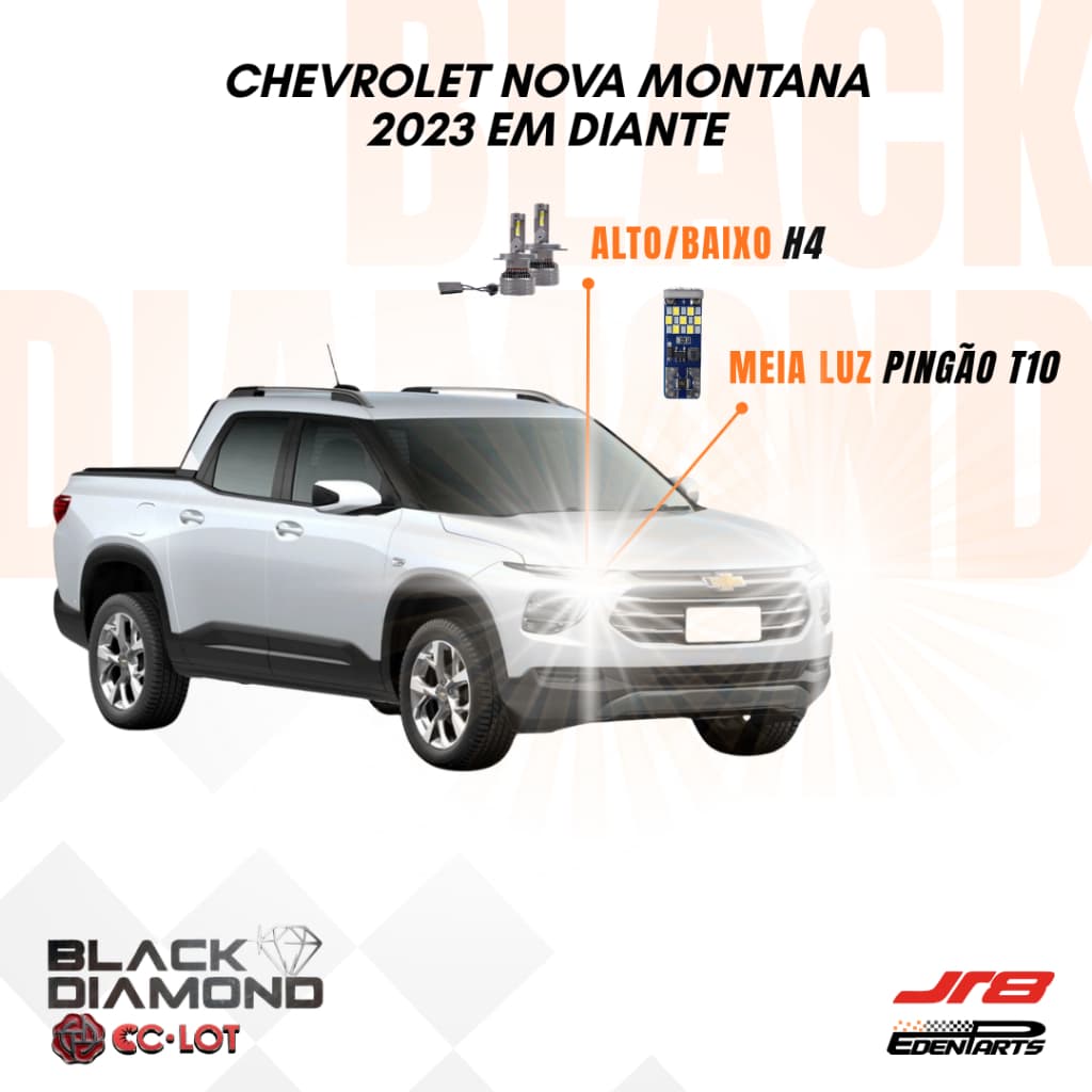 Kit Lampadas Farol LED Chevrolet Nova Montana 2023 em diante JR8 Black Diamond H4 6000K + Lâmpada Pingão T10 21 LED