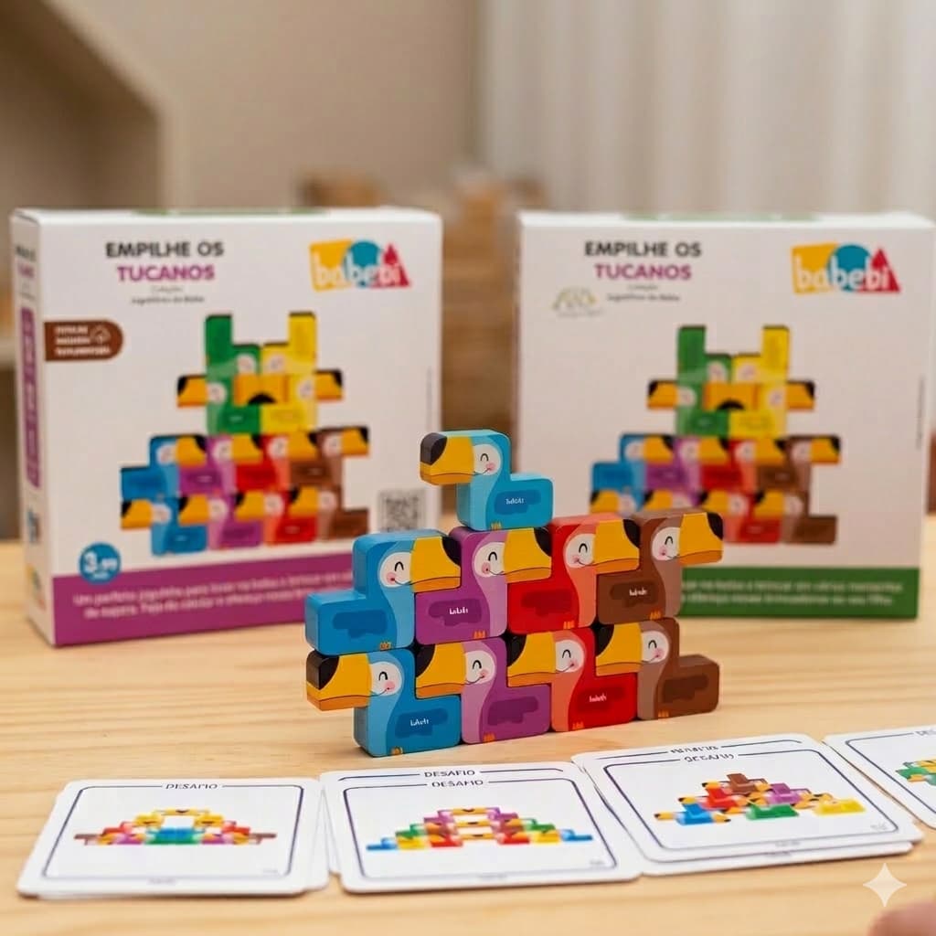 Jogo Educativo Bolsa Raciocínio Lógico Empilha Tucanos Madeira 12 Super Desafios Presente 3 Anos Brinquedo Menino Menina