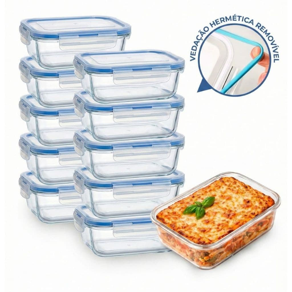 Conjunto Potes de Vidro Hermético Marmita Fit com Tampa 4 Travas 370ml - Lehavi