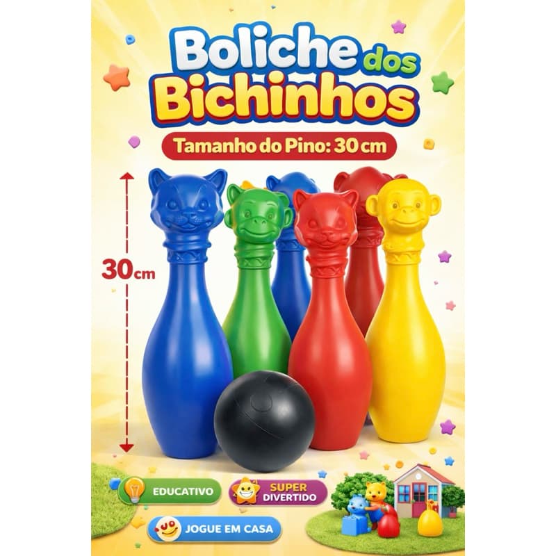Jogo de Boliche Infantil Grande 30cm – Boliche dos Bichinhos com 6 Pinos + Bola | Brinquedo Educativo
