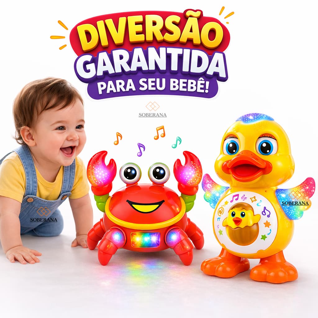 Pato Dançarino e Caranguejo Fujão Grande Brinquedo Infantil Musical Led Dança Anda Mexe com Som