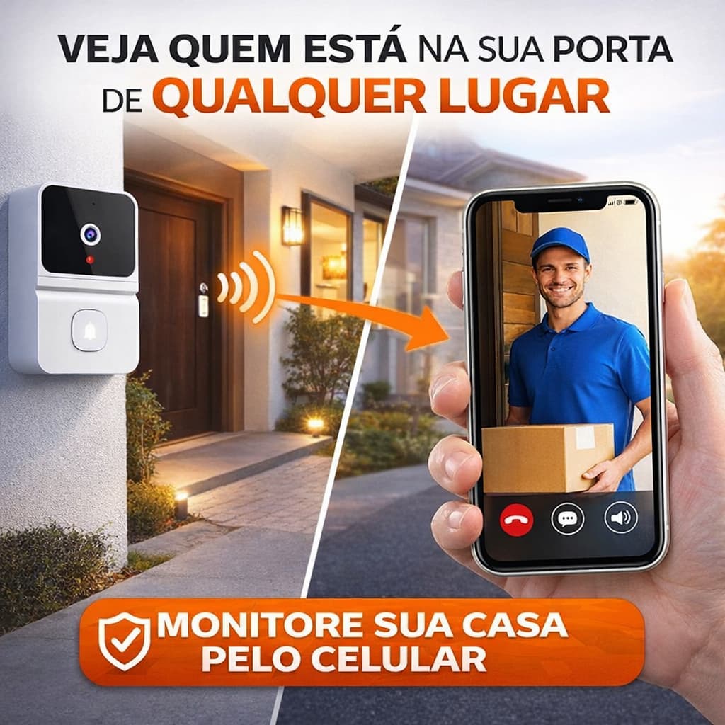 Campainha Inteligente WiFi com Câmera Visão Noturna Áudio 2 Vias App Video Porteiro Sem Fio