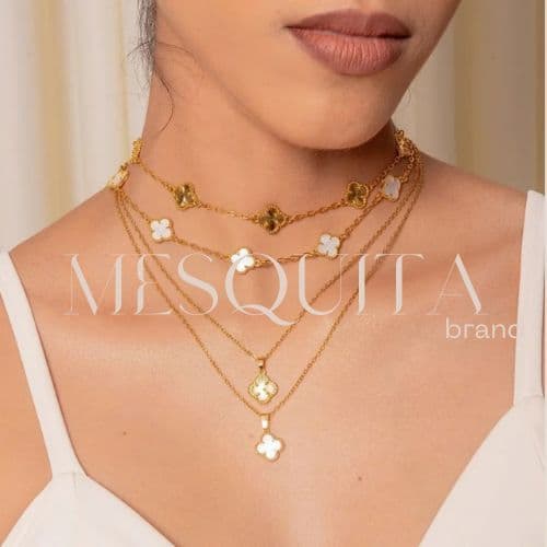 Produto Colar Chocker Dourado Trevos Dupla face Aço Inoxidável Trevo da Sorte Vintage