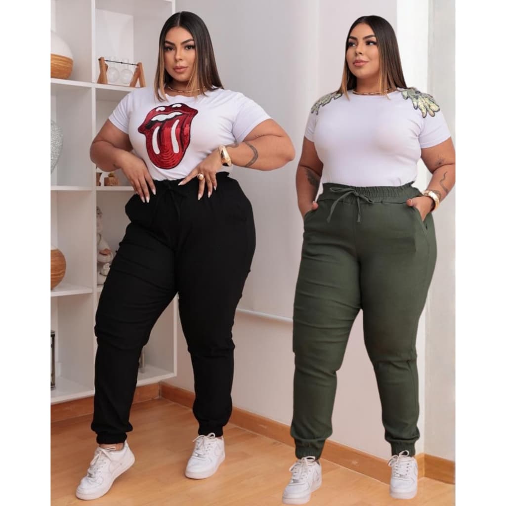 Kit 2 Calças Jogger Plus Size Feminina Com Elastano Acinturada Com Bolsos Confortável Fashion