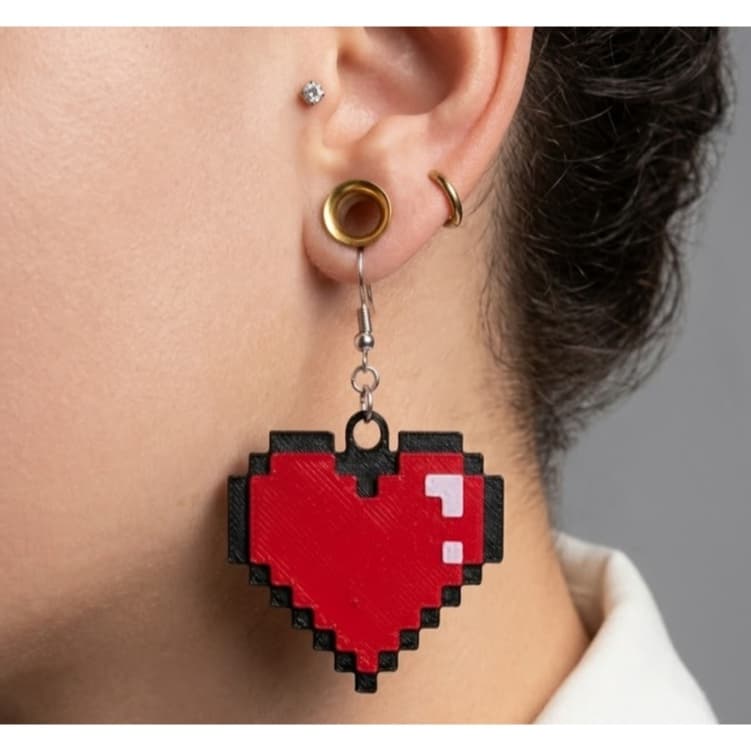 Brinco Coração Pixelado Minecraft / Retro – Design Criativo Art Geek Acessório Gamer Moderno – Impressão 3D - Super Leve