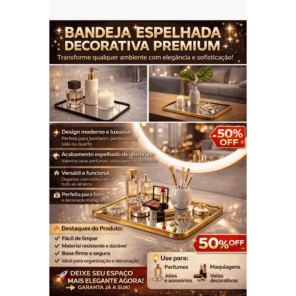 Bandeja Decorativa Espelhada Premium – Organizador de Maquiagem, Perfumes e Acessórios