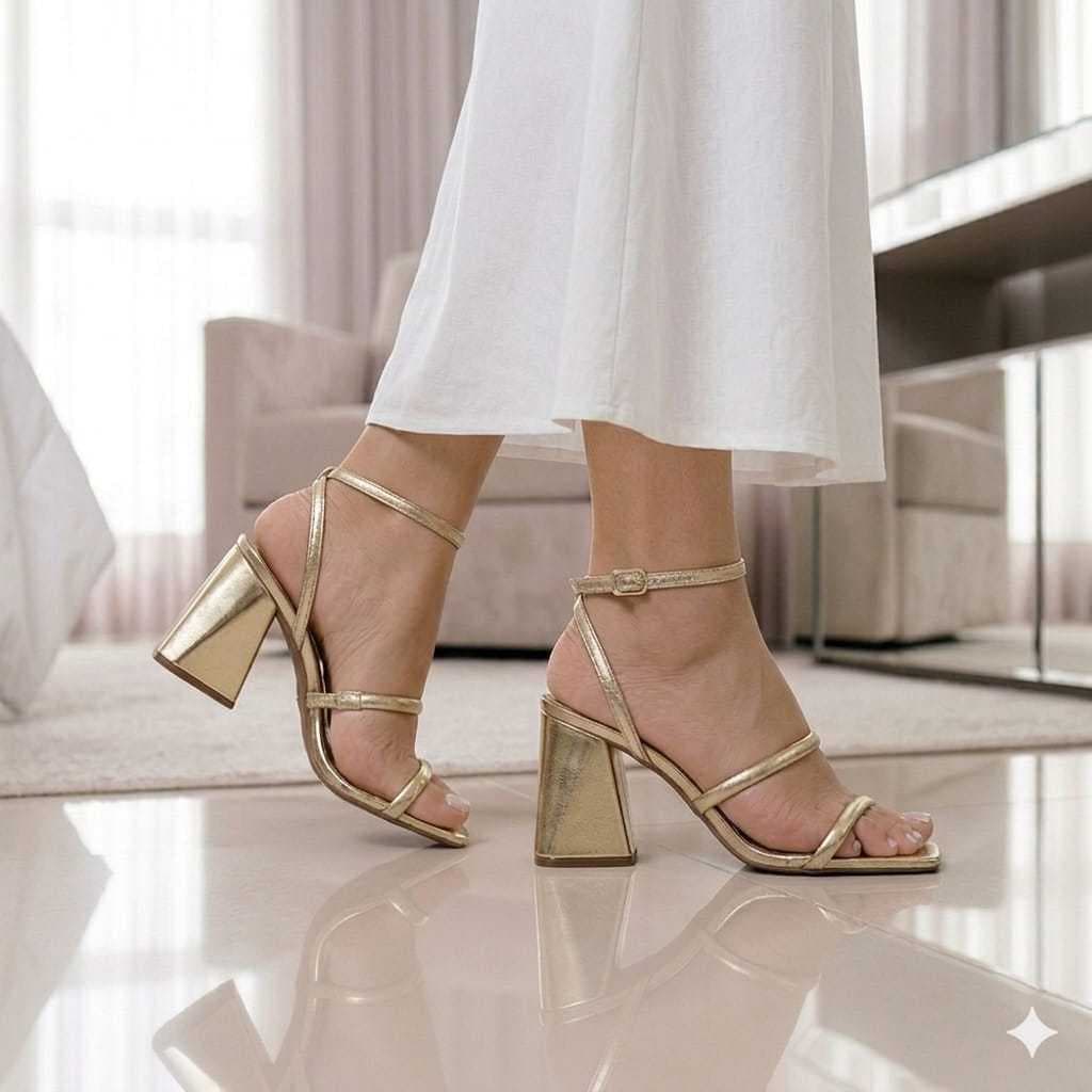 Sandália Feminina Sophia Shoes Salto Bloco Alto 8cm Metalizada Tiras Elegante Festa Casual Férias