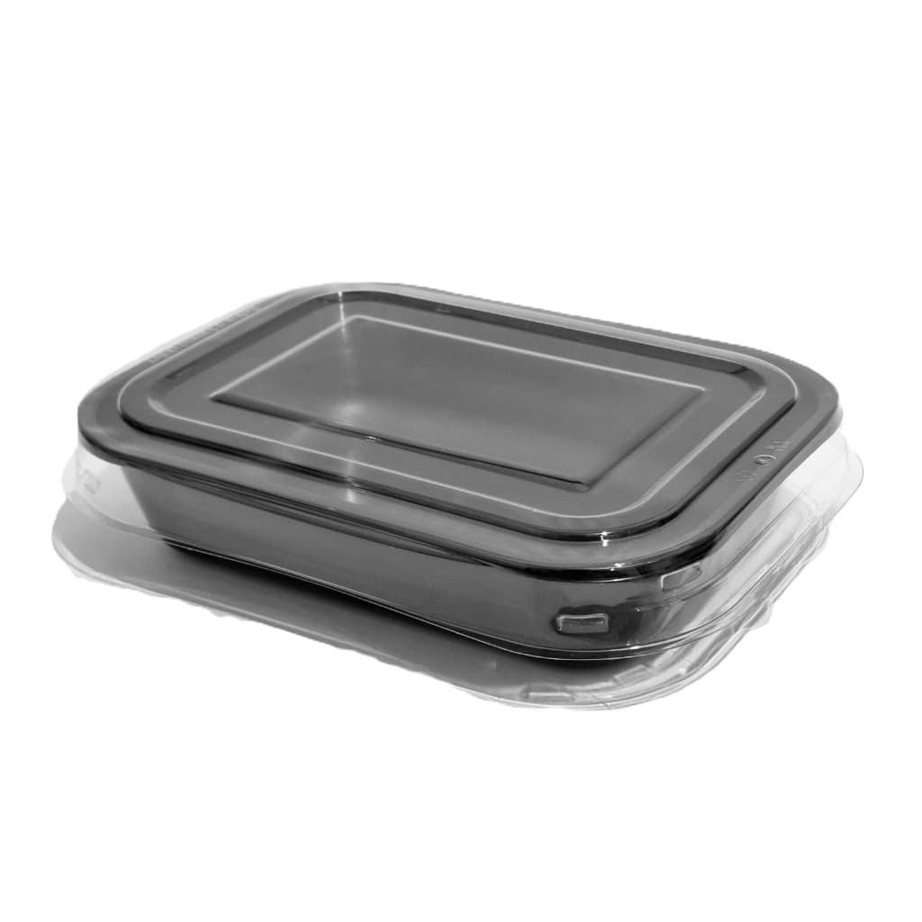 100un Bandeja Retangular 800ml Forneável Preta com Tampa Pet Cristal G240 Galvanotek Premium