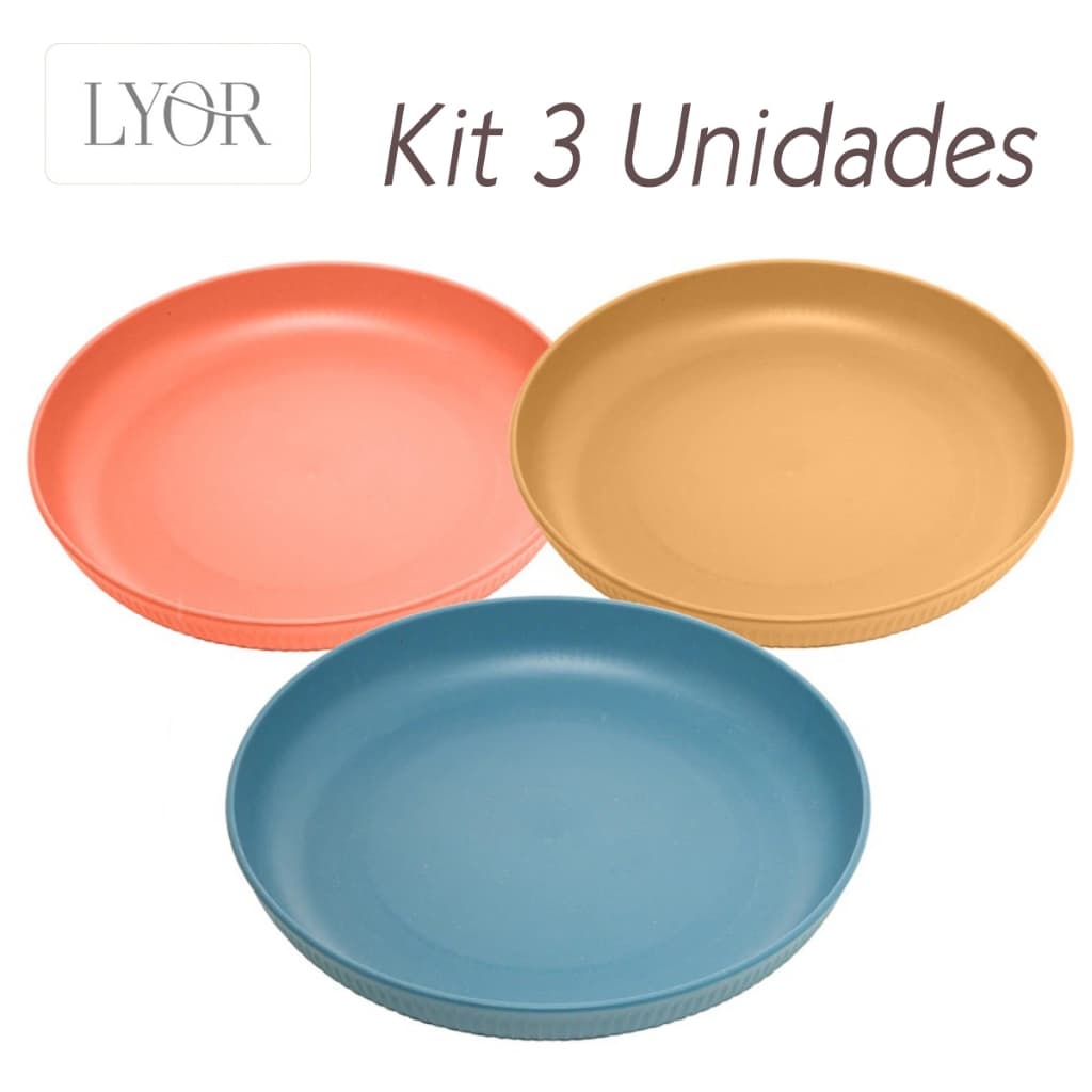 Kit 3 Unid. Prato Sobremesa 20cm Lyor Stripes Bambu e PP Resistente Design Moderno Elegante Cozinha