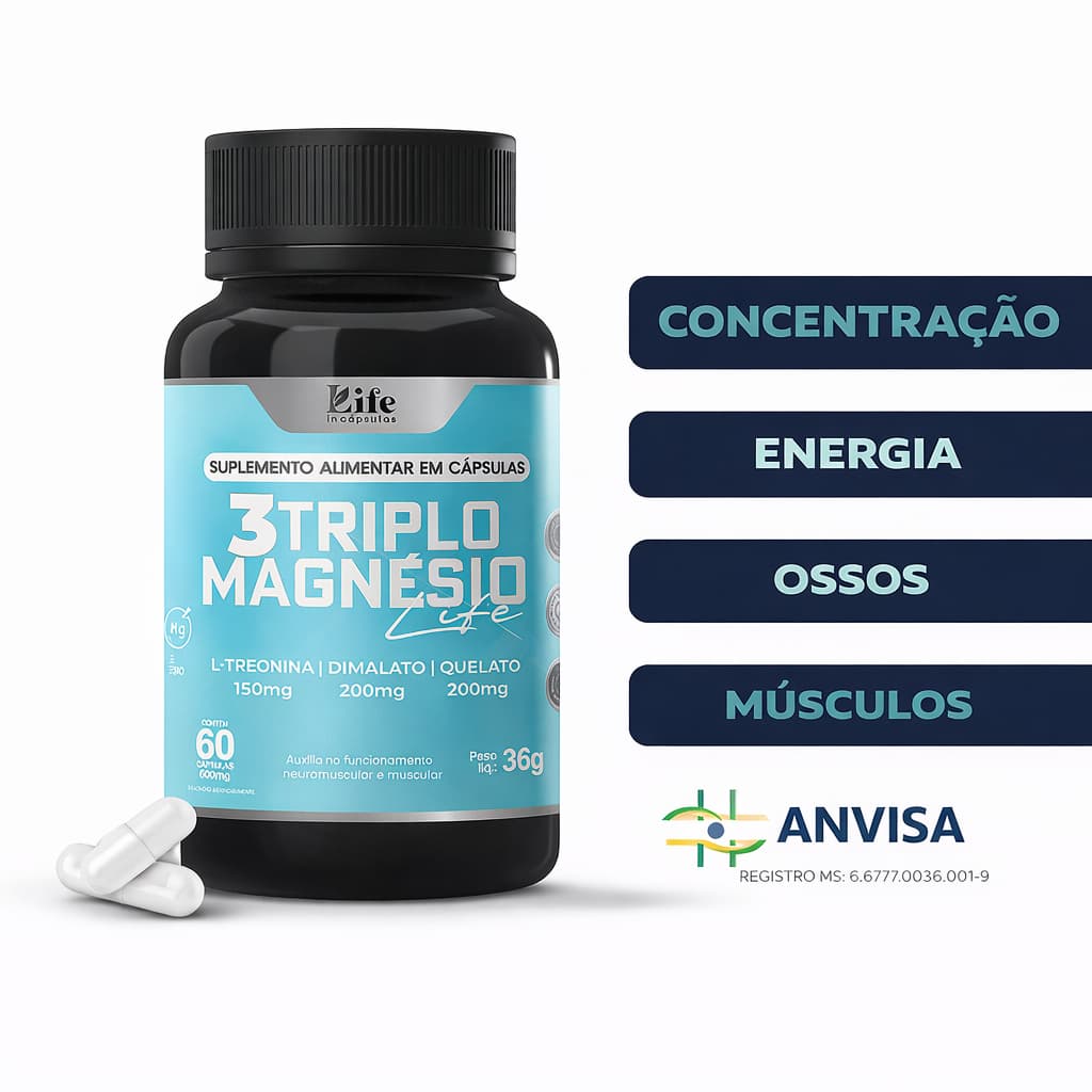 Triplo 3 Mágnesio Quelato Dimalato Treonato 60 Cápsulas por Pote  |  Envio Rápido.