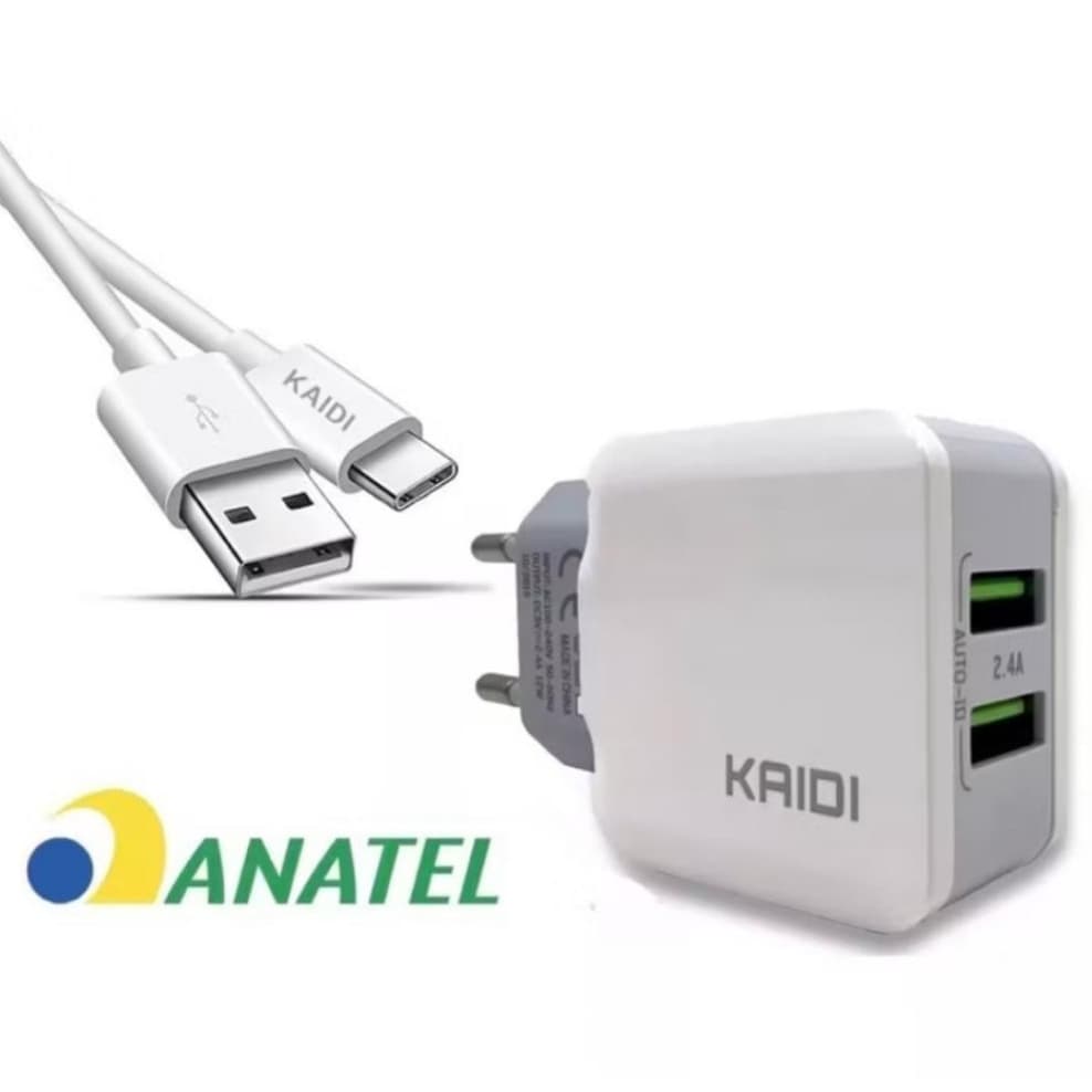 Carregador Tipo C e iPhone Kaidi 2 Entradas USB Completo Fonte + Cabo Carregamento Super Rapido