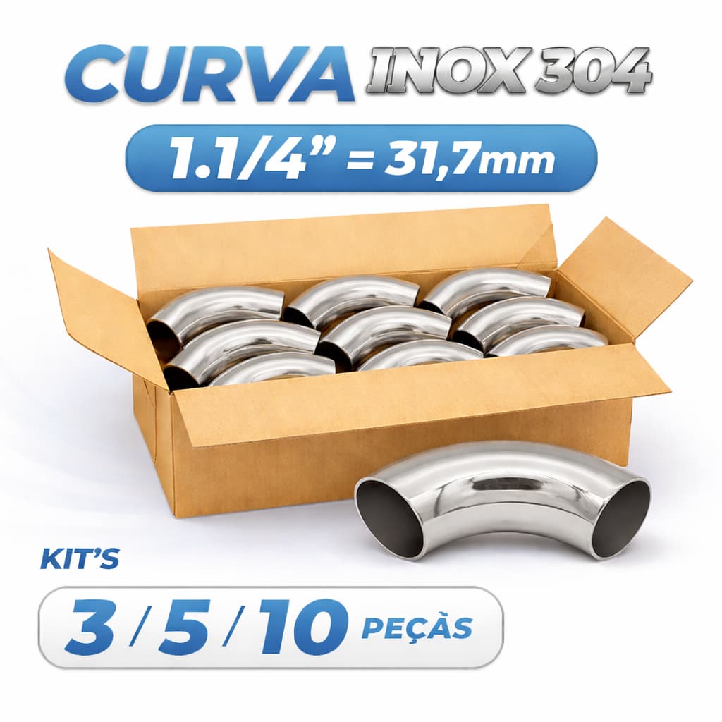 Kit 3/5/10 peças Curva Inox 1.1/4 31.7mm para Corrimão Escapamento Guarda Corpo 90 graus Polida Mais economia