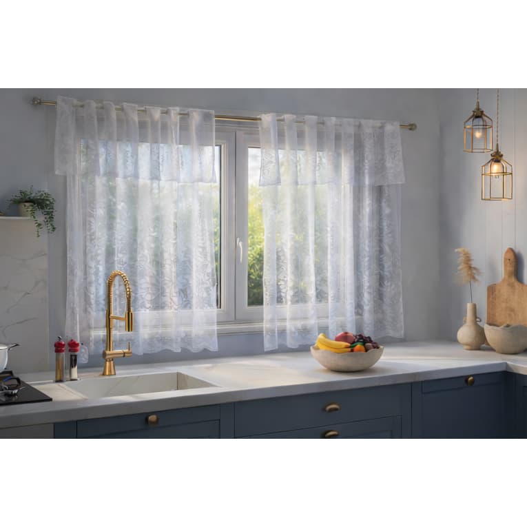 Cortina de Cozinha Renda 2,00m x 1,20m + Bando (2 Peças) Para Varão Simples | Elegante