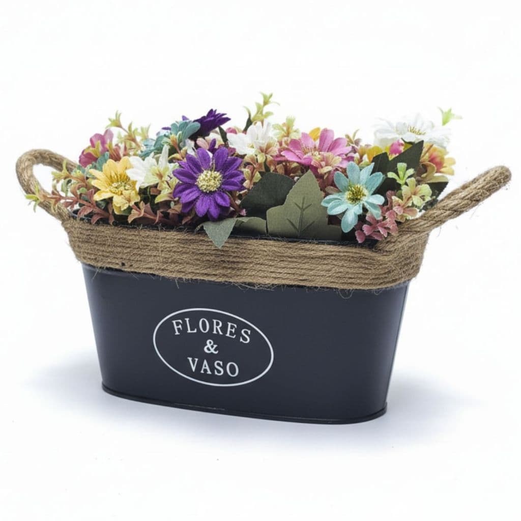 Cachepo Arranjo Flores & Vaso Floreira Metal Preto E Alça De Corda