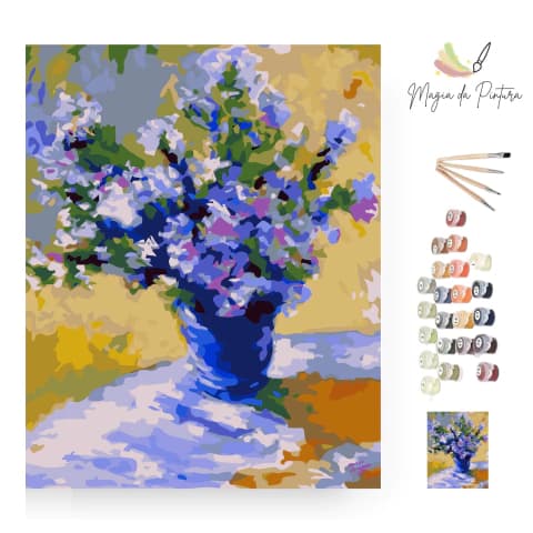 Kit Completo Pintura numerada - Vaso Flores Violeta 40x50cm - 24 tintas + 1 tela + 3 pincéis