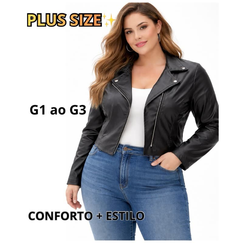 Jaqueta Feminina Plus Size Couro Sintético Zíper Estilo Motoqueira Moderna Moda Inverno Casual Elegante Tendência 2026
