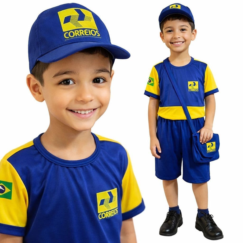 Fantasia Menino Carteiro Correio Infantil Roupa Profissão Infantil com boné Dia do Trabalho