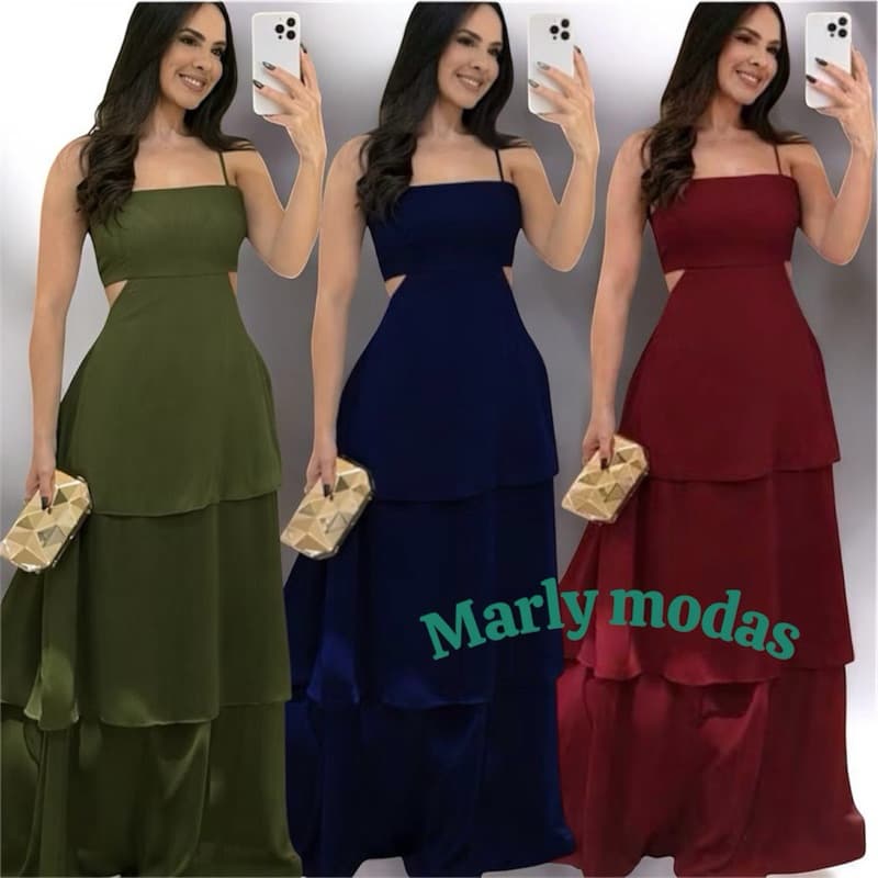 VESTIDO LONGO DE SAIA  EM TRÊS CAMADAS