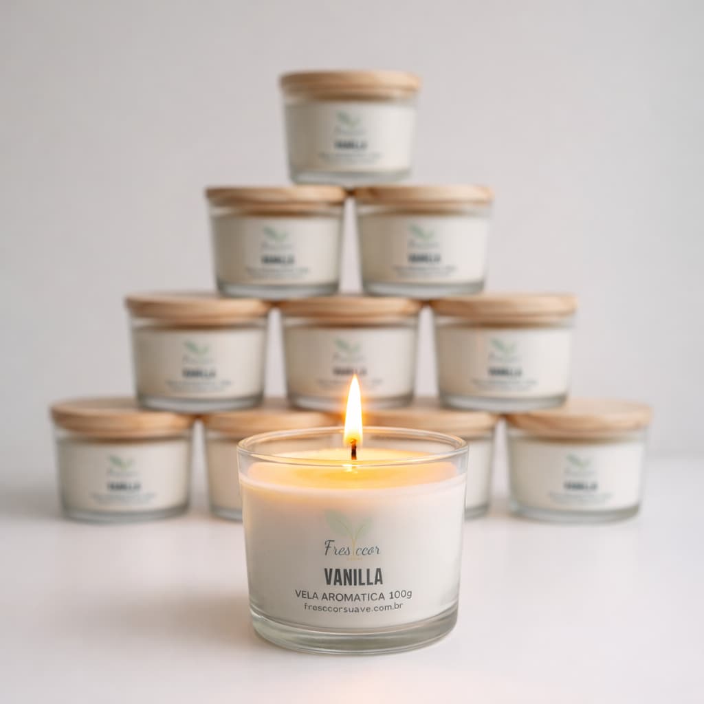 Vela Aromática Vanilla  Pote Vidro Tampa Madeira Cera Vegetal Coco
