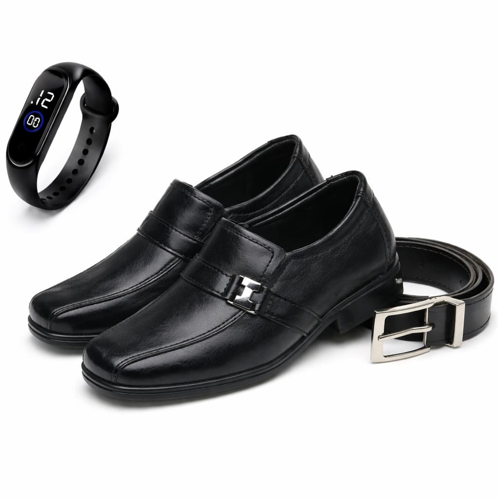 Kit 1 Par De Sapato Social Infantil Masculino + Relógio + Cinto Infantil Ajustável