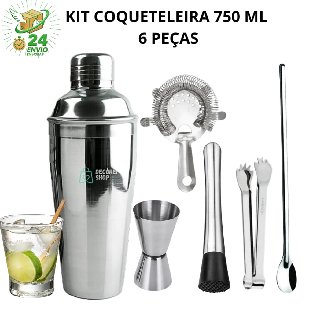 Kit Coqueteleira Barman 750 ML 6 Peças Caipirinha e Drinks Barman- Para Batenders, Bares, Eventos - Uso Profissional