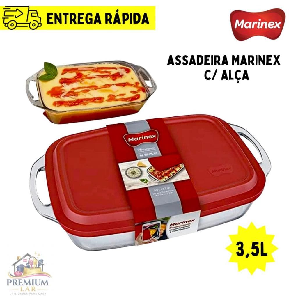 Assadeira Marinex Retangular 3,5L Vidro Temperado com Tampa Vermelha