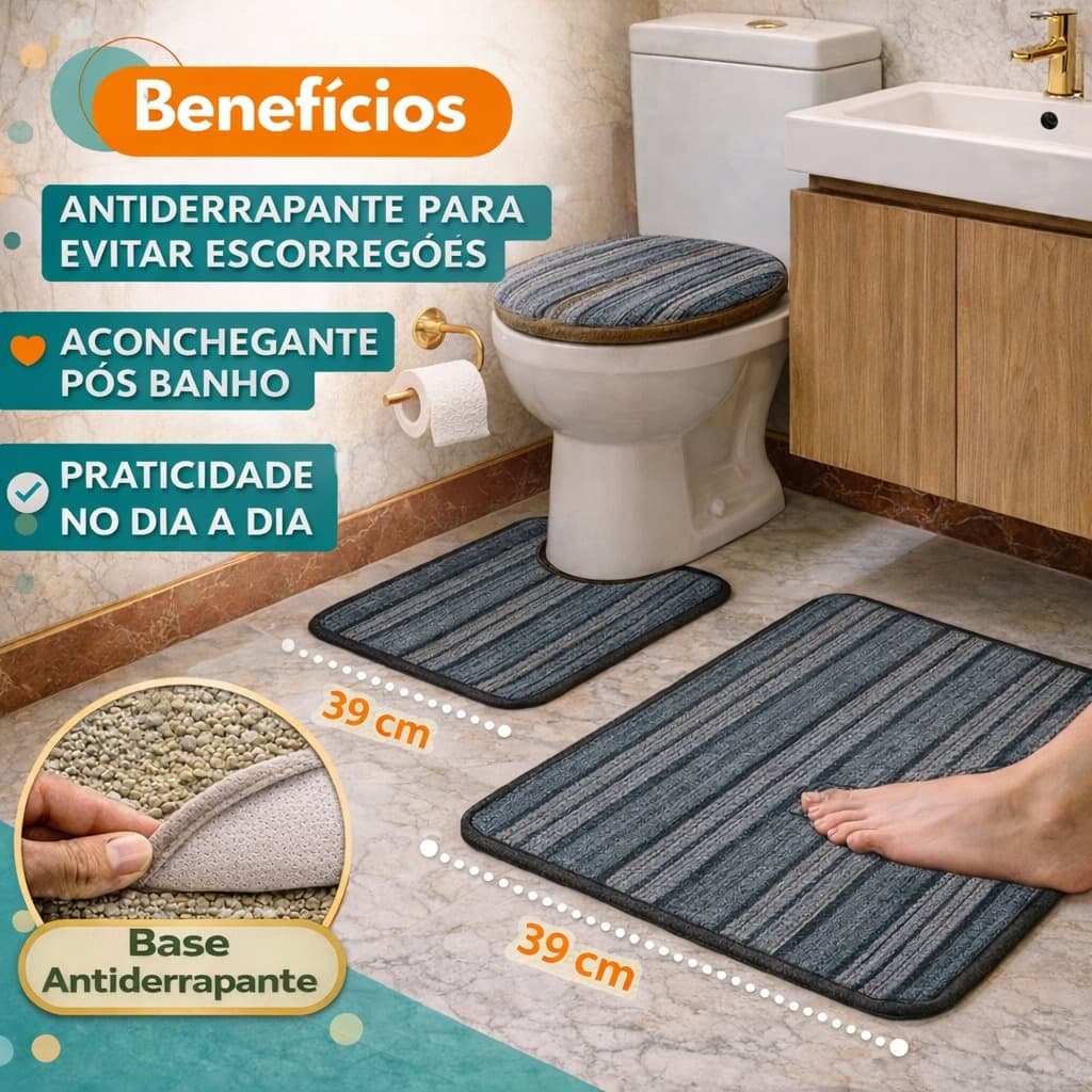 Kit Tapetes para Banheiro 3 Peças Antiderrapante Macio Lavável Resistente Belo Mirian PROMOÇÃO