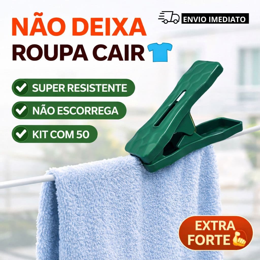 Kit 50 Prendedores de Roupa Reforçado Grande Plástico Resistente Não Quebra
