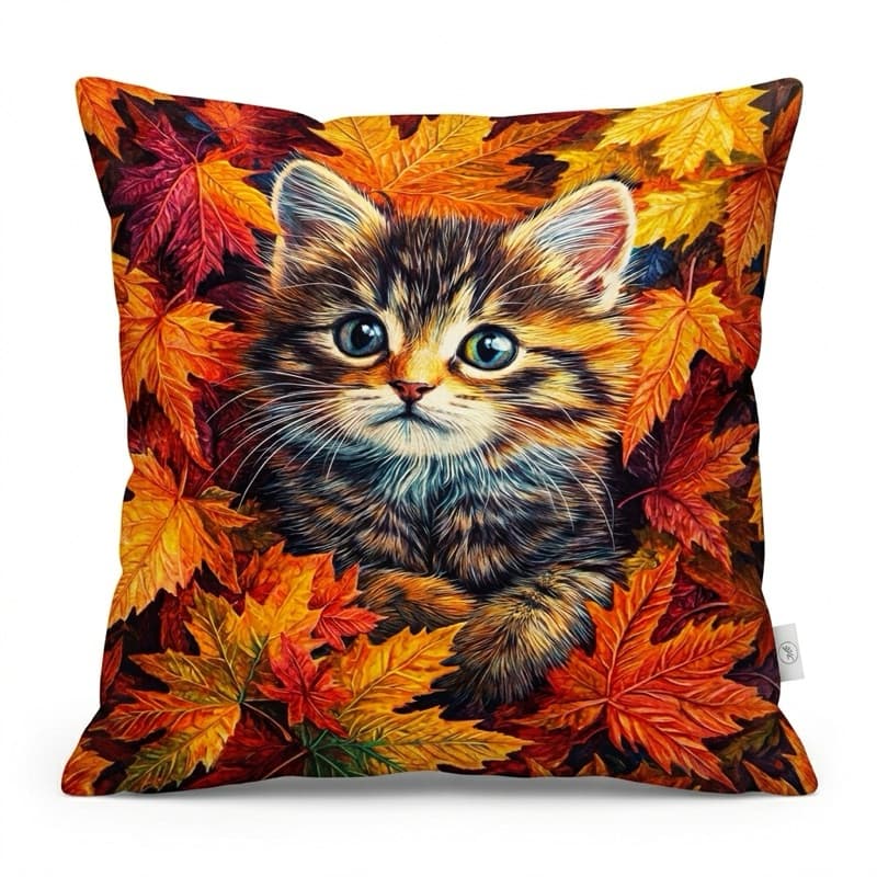 Capa de Almofada 45x45 Gatinho Cute Folhas Outono Decoração Moderna Macia Lavável
