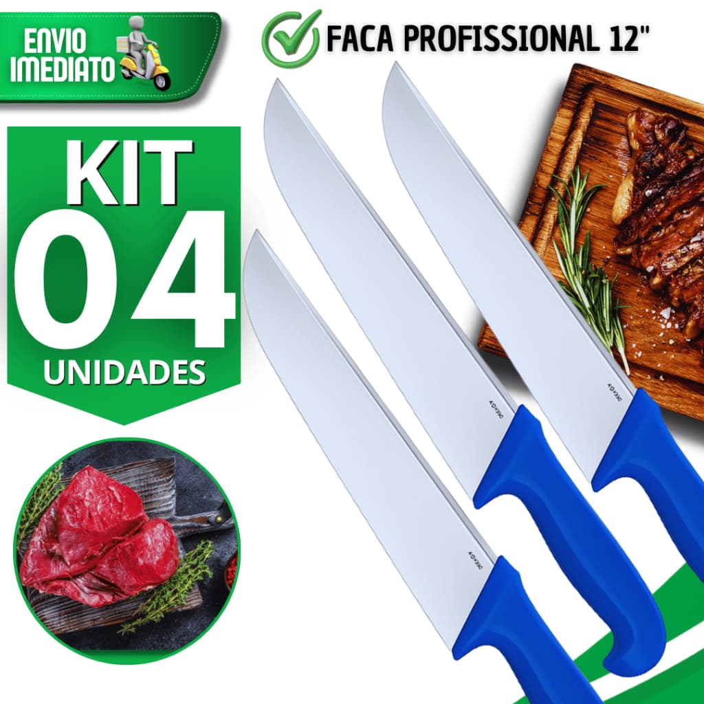 Facas Carne Açougue Profissional 12" Cabo Azul Açougueiro Churrasqueiro Cozinha Utensílios